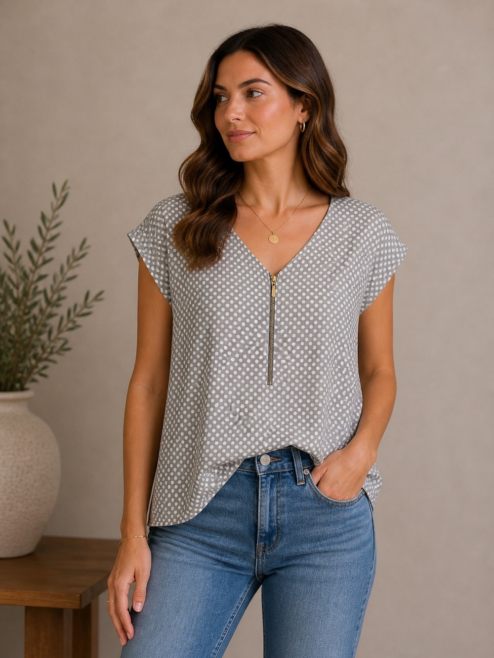 Express Light Gray Polka Dot Blouse